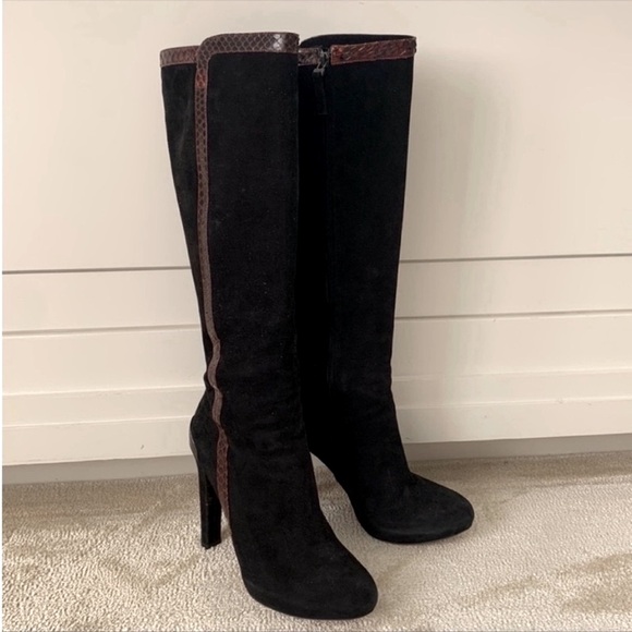 Fendi Shoes - Fendi Black Suede Knee High Boots Brown Lizard Trim Platform High Heel  40